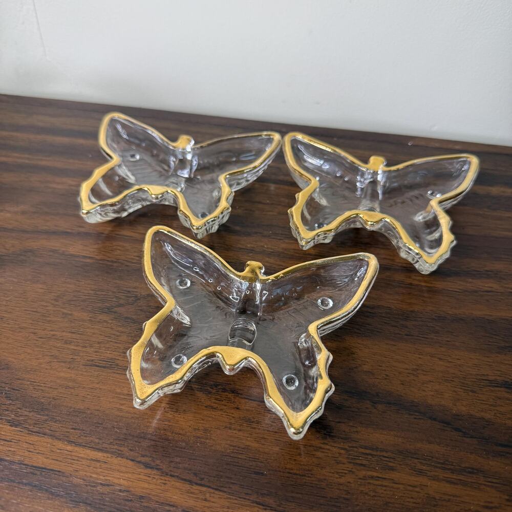 Vintage Butterfly Gold Edged Dish Set Trinket Ring Tray Jeanette Glass